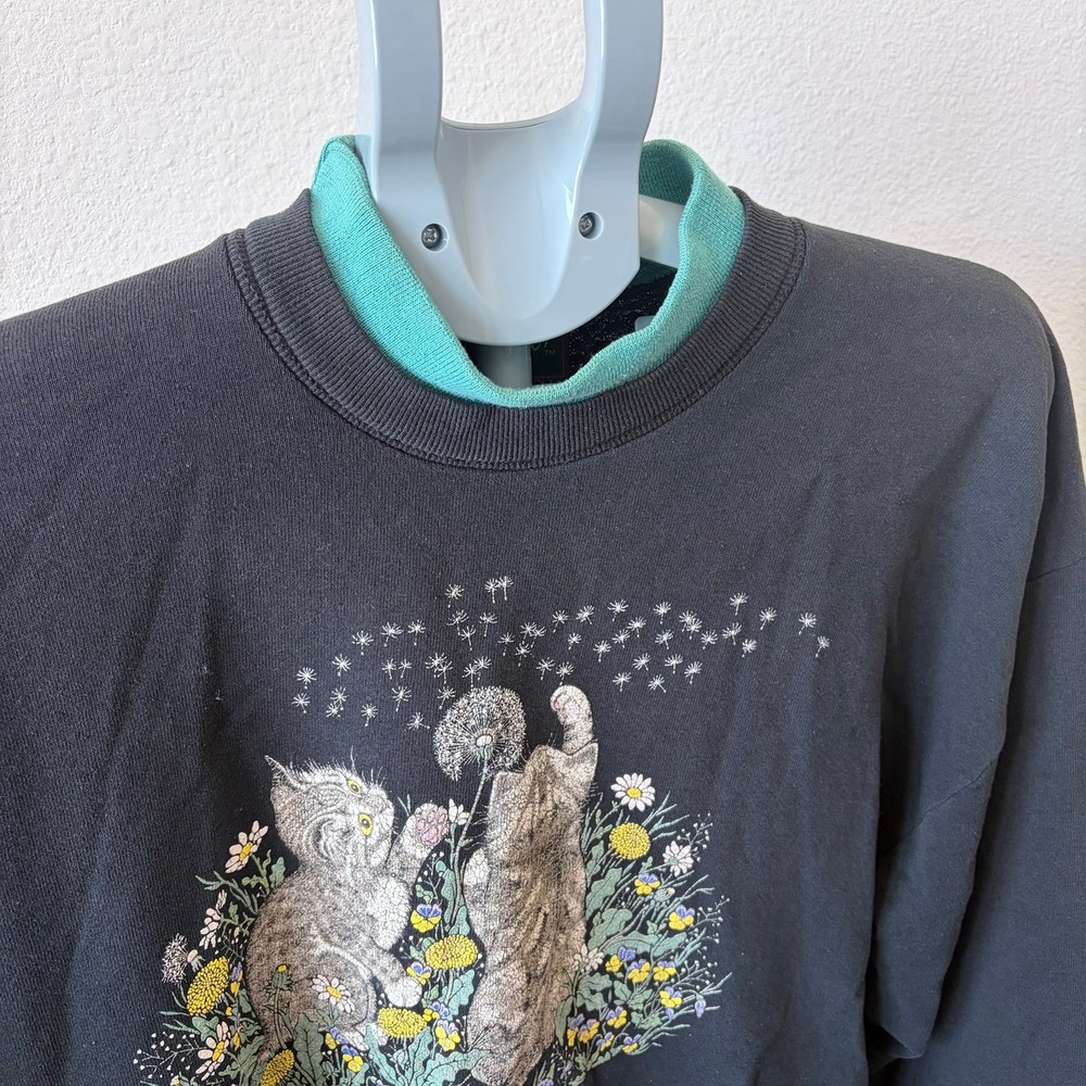 Vintage Jerzees Calico Harbor Kittens Dandelion‎ Sweatshirt Black XL Made in USA - Picture 3 of 7